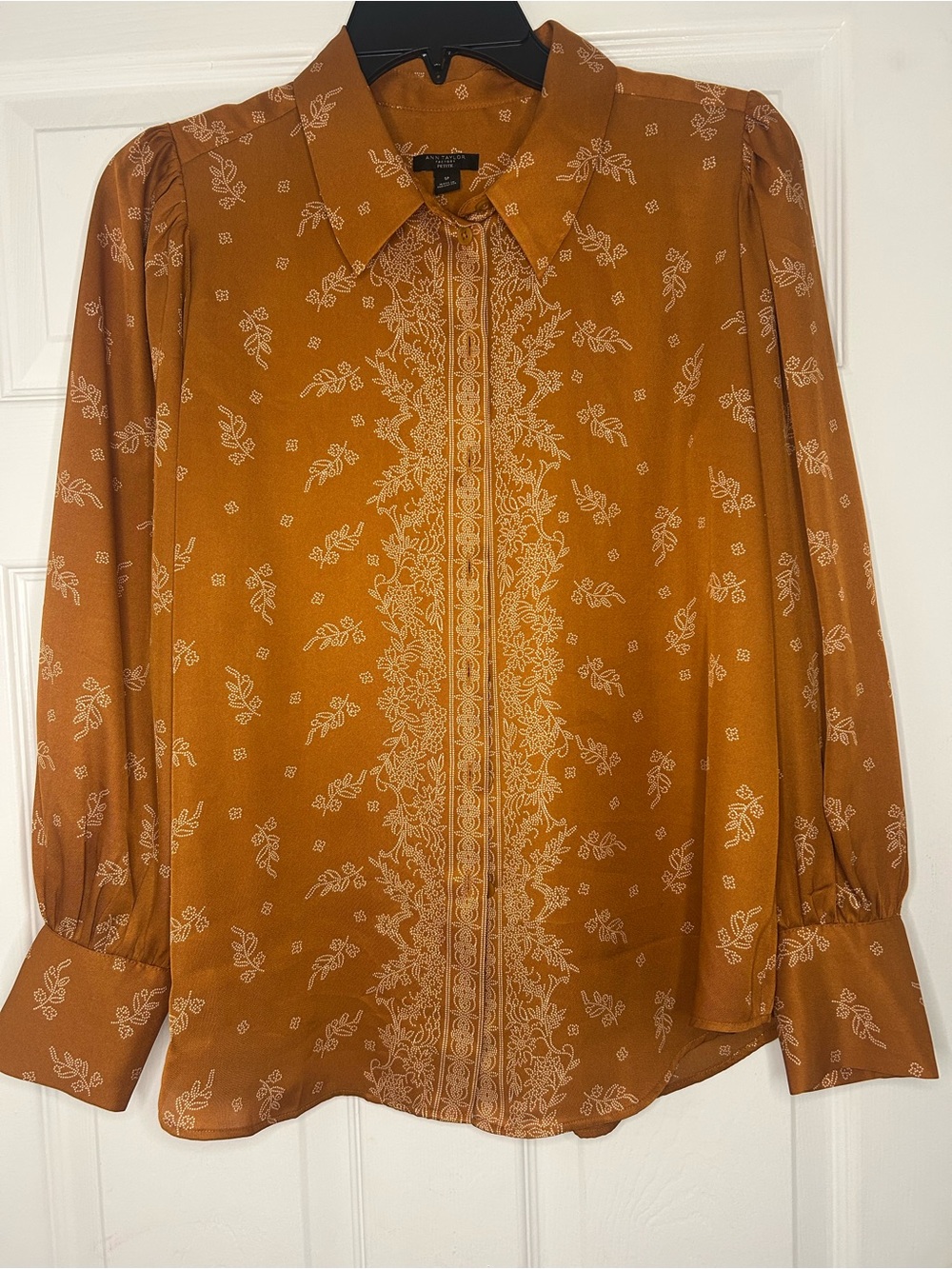 Ann Taylor Rust Brown Floral Lace-Trim Button Front Blouse